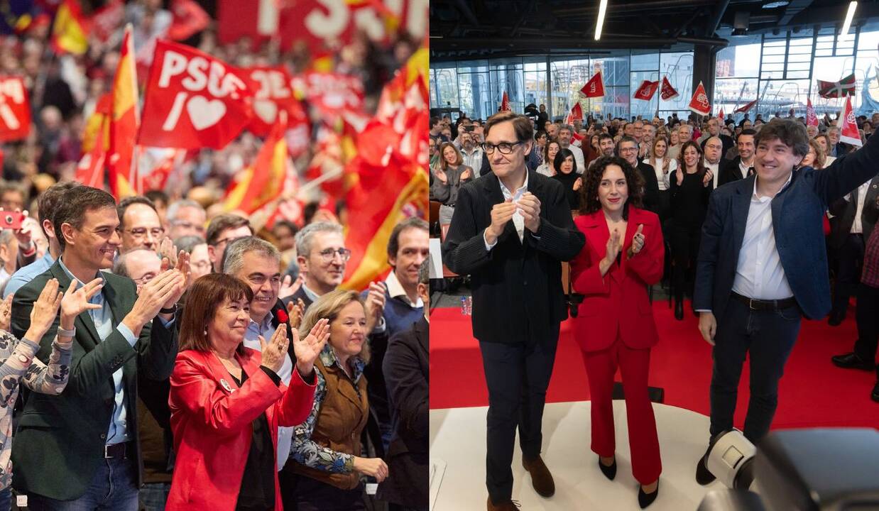 A la izquierda el mitin del PSOE en Ifema repleto de banderas nacionales y a la derecha el mitin en Bilbao sin banderas de España